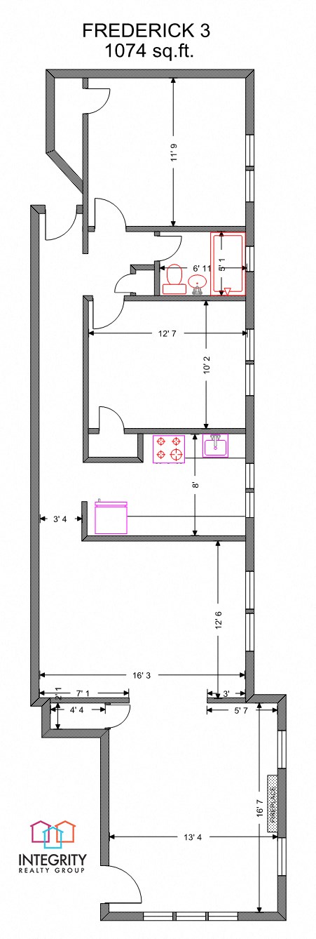 Floor plan for 2 beds, 1 bath, 1067 sqft